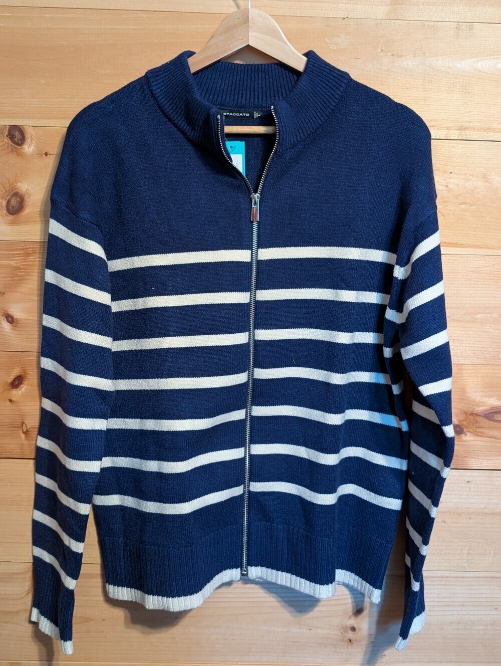 Staccato Navy and Cream Striped Zip Cardigan *Large *NWT